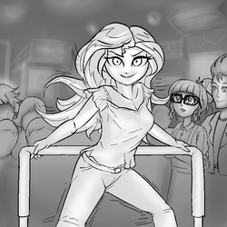 Size: 800x800 | Tagged: safe, artist:kul, flash sentry, sci-twi, sunset shimmer, twilight sparkle, equestria girls, g4, arcade, black and white, cameo, dance dance revolution, dancing, fanfic, fanfic art, grayscale, monochrome, rhythm game
