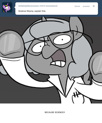 Size: 666x800 | Tagged: safe, artist:egophiliac, princess luna, moonstuck, g4, clothes, female, filly, glasses, grayscale, lab coat, monochrome, science, science woona, solo, underhoof, woona, woonoggles, younger