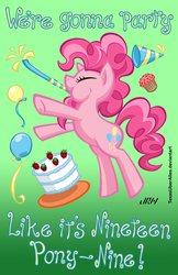 Size: 720x1113 | Tagged: safe, artist:texasuberalles, pinkie pie, earth pony, pony, g4, 1999, balloon, cake, cupcake, eyes closed, female, food, hat, party, party hat, party horn, prince (musician), prince and the revolution, solo, song reference