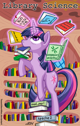 Size: 720x1123 | Tagged: safe, artist:texasuberalles, twilight sparkle, pony, unicorn, g4, arabic, balancing, black beauty, book, female, golden oaks library, hilarious in hindsight, japanese, library, looking up, magic, mare, misty of chincoteague, mouth hold, raised hoof, science, solo, telekinesis