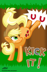 Size: 720x1096 | Tagged: safe, artist:texasuberalles, applejack, earth pony, pony, g4, bucking, female, smiling, solo