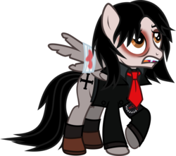 Size: 1043x922 | Tagged: safe, artist:lightningbolt, derpibooru exclusive, pegasus, pony, g4, .svg available, armband, bags under eyes, bandage, bandaged wing, blood, broken wing, clothes, emo, eyeshadow, fangs, gerard way, hair over one eye, injured, makeup, male, messy hair, my chemical romance, necktie, open mouth, partially open wings, ponified, raised hoof, shirt, shoes, show accurate, simple background, socks, solo, spread wings, stallion, suit, svg, tattered, three cheers for sweet revenge, transparent background, undershirt, vector, wings