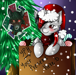 Size: 2020x2000 | Tagged: safe, artist:fkk, oc, oc only, pony, box, candy, christmas, commission, food, happy new year, hat, high res, holiday, night, one eye closed, pony in a box, present, santa hat, snow, wink, ych result