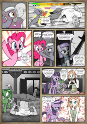 Size: 1363x1920 | Tagged: safe, artist:pencils, limestone pie, maud pie, pinkie pie, spike, twilight sparkle, oc, oc:anon, oc:jade aurora, oc:mascara maroon, alicorn, dragon, earth pony, human, pony, satyr, comic:anon's pie adventure, g4, bedroom eyes, blushing, blushing profusely, book, bracer, clothes, comic, dress, eyeshadow, female, fighting game, flirting, flower, heart, hoof in mouth, human male, imminent kissing, implied lesbian, interspecies, ipotane, kiss on the lips, kissing, knock out, lesbian, life bar, limetsun pie, makeup, male, mare, missing shoes, mortal kombat, mouth hold, pants, property damage, punch, scared, shirt, shoes, speech bubble, spread wings, sweat, thought bubble, tsundere, twilight sparkle (alicorn), wingboner