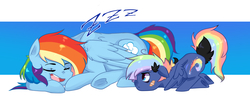 Size: 2530x1050 | Tagged: safe, artist:kraytt-05, rainbow dash, oc, oc:rainbow thunder, g4, bandaid, colt, male, offspring, parent:rainbow dash, parent:soarin', parents:soarindash, sleeping, zzz