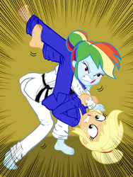 Size: 836x1112 | Tagged: safe, artist:ponymaan, applejack, rainbow dash, equestria girls, g4, barefoot, black belt, choking, clothes, cropped, feet, fight, gi, grappling, gritted teeth, hatless, judo, martial arts, missing accessory, pants, robe, triangle
