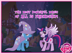 Size: 850x628 | Tagged: safe, trixie, twilight sparkle, alicorn, pony, unicorn, g4, official, facebook, friendship, my little pony logo, ponyville, stock vector, title drop, trixie's cape, trixie's hat, twilight sparkle (alicorn)