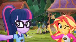 Size: 4626x2591 | Tagged: safe, artist:oinktweetstudios, sci-twi, sunset shimmer, twilight sparkle, oc, human, equestria girls, g4, my little pony equestria girls: legend of everfree, animated actors, behind the scenes, bell, camera, camp everfree, camp everfree outfits, clothes, glasses, grin, looking at you, one eye closed, peace sign, selfie, smiling, wink