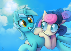 Size: 850x604 | Tagged: safe, artist:ehfa, bon bon, lyra heartstrings, sweetie drops, earth pony, pony, unicorn, g4, bon bon riding lyra, cloud, duo, grin, looking at each other, ponies riding ponies, riding, scared, shrunken pupils, sky, smiling, sun