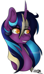 Size: 286x482 | Tagged: safe, artist:tamashia, oc, oc only, oc:midnight fairytale, pony, unicorn, bust, curved horn, horn, portrait, simple background, solo, transparent background