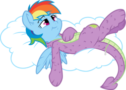 Size: 8395x6000 | Tagged: safe, artist:dfectivedvice, artist:mactavish1996, rainbow dash, spike, g4, absurd resolution, clothes, cloud, costume, dragon costume, female, simple background, solo, spike costume, transparent background