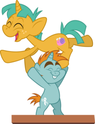 Size: 3851x5000 | Tagged: safe, artist:dashiesparkle, snails, snips, pony, unicorn, flight to the finish, g4, balancing, bipedal, colt, duo, eyes closed, foal, male, simple background, transparent background, vector