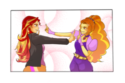 Size: 1500x1000 | Tagged: safe, artist:raika0306, adagio dazzle, sunset shimmer, equestria girls, g4, clothes, female, leather jacket, lesbian, looking at each other, ship:sunsagio, shipping