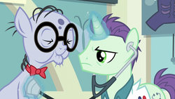 Size: 1280x720 | Tagged: safe, screencap, dr. steth, mr. waddle, earth pony, pony, unicorn, g4, on your marks, bowtie, doctor, duo, elderly, eyes closed, glasses, glowing horn, horn, listening, liver spots, magic, male, stallion, stethoscope, telekinesis