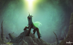Size: 1833x1127 | Tagged: safe, artist:balade, queen chrysalis, changeling, changeling queen, g4, cave, crown, female, jewelry, raised hoof, regalia, solo