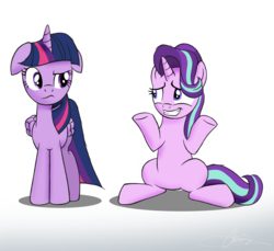 Size: 2832x2592 | Tagged: safe, artist:oinktweetstudios, starlight glimmer, twilight sparkle, alicorn, pony, g4, floppy ears, gradient background, grin, high res, looking at each other, nervous, nervous smile, raised eyebrow, shrug, sitting, smiling, teacher and student, twilight sparkle (alicorn), underhoof, wavy mouth