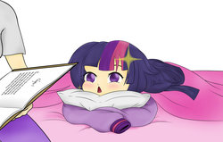 Size: 1024x652 | Tagged: safe, artist:blondedud, part of a set, twilight sparkle, twilight velvet, human, g4, bed, bedtime, bedtime story, book, humanized, part of a series, pillow, prone, the elements of bed-time, younger