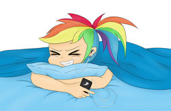 Size: 1024x663 | Tagged: safe, artist:blondedud, part of a set, rainbow dash, human, g4, alternate hairstyle, bed, bedtime, eyes closed, female, grin, happy, humanized, mp3 player, part of a series, pillow, ponytail, prone, smiling, solo, the elements of bed-time