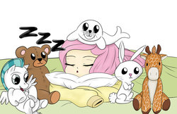 Size: 1024x663 | Tagged: safe, artist:blondedud, part of a set, angel bunny, fluttershy, bear, giraffe, human, rabbit, seal, g4, bed, female, hercules, humanized, part of a series, pegasus (hercules), pillow, plushie, prone, sleeping, solo, the elements of bed-time, zzz
