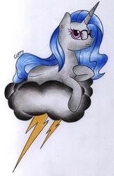 Size: 1691x2602 | Tagged: safe, artist:coffytacotuesday, oc, oc only, pony, unicorn, cloud, glasses, lightning, solo, traditional art