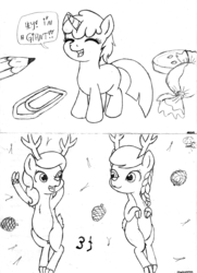 Size: 1656x2285 | Tagged: safe, artist:merkleythedrunken, diamond tiara, dinky hooves, silver spoon, g4, animal costume, button, chocolate, clothes, costume, deer costume, food, micro, monochrome, paperclip, pencil, pinecone, sketch