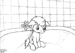 Size: 1156x822 | Tagged: safe, artist:merkleythedrunken, oc, oc only, bathtub, monochrome, sketch, solo