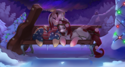Size: 4777x2578 | Tagged: safe, artist:shnider, oc, oc only, bench, case, christmas lights, christmas tree, commission, eyes closed, happy, high res, scenery, snow, tree