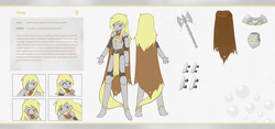 Size: 2150x1008 | Tagged: safe, artist:howxu, derpy hooves, equestria girls, g4, armor, axe, cloak, clothes, epic derpy, female, food, muffin, reference sheet, solo, tongue out, weapon