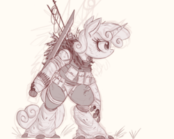 Size: 5000x4000 | Tagged: safe, artist:ncmares, sweetie belle, cyborg, pony, unicorn, fanfic:night mares, g4, absurd resolution, augmented, bipedal, clothes, female, hooves, horn, mare, monochrome, sketch, solo, weapon
