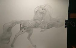 Size: 3095x1960 | Tagged: safe, artist:xxkrutoy, princess luna, horse, g4, female, grayscale, horsified, monochrome, pencil drawing, rearing, simple background, solo, traditional art