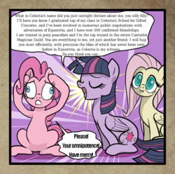 Size: 474x471 | Tagged: safe, artist:pencils, edit, fluttershy, pinkie pie, twilight sparkle, alicorn, pony, comic:anon's pie adventure, g4, bookhorse, bragging, cd-i, copypasta, cropped, cute, derp, dialogue, duke onkled, eyes closed, eyes glazing over, gritted teeth, lecture, meme, navy seal copypasta, pinkie derp, shit just got real, smuglight sparkle, speech bubble, text, text edit, the legend of zelda, thousand yard stare, twilight sparkle (alicorn), wall of text, zelda cdi
