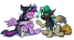 Size: 4000x2169 | Tagged: safe, artist:virmir, twilight sparkle, oc, oc:shifting sands, oc:virmir, alicorn, changeling, pony, g4, furry, furry to pony, green changeling, hypnosis, kaa eyes, simple background, transformation, transparent background, twilight sparkle (alicorn)