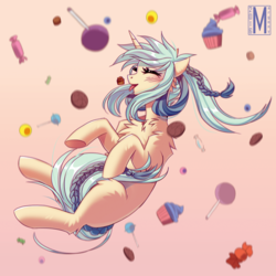 Size: 950x950 | Tagged: safe, artist:margony, oc, oc only, pony, unicorn, candy, cute, food, solo, tongue out