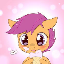 Size: 1280x1280 | Tagged: safe, artist:cold-blooded-twilight, scootaloo, g4, adorable face, cute, cutealoo, explicit source, female, food, ice cream, mlem, silly, solo, tongue out