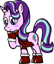 Size: 650x759 | Tagged: safe, artist:starshinesprint, starlight glimmer, g4, blush sticker, blushing, boots, clothes, female, scarf, simple background, smiling, solo, transparent background