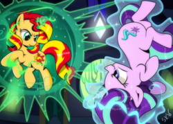Size: 1614x1153 | Tagged: safe, artist:dsana, starlight glimmer, sunset shimmer, pony, g4, castle of the royal pony sisters, commission, confrontation, duo, fight, magic, sunset vs starlight, twilight's castle
