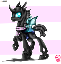 Size: 580x604 | Tagged: safe, artist:inspiredpixels, changeling, clothes, cute, cuteling, raised hoof, scarf, smiling, solo