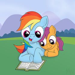 Size: 850x850 | Tagged: safe, artist:m.w., rainbow dash, scootaloo, pegasus, pony, g4, book, cute, duo, female, filly, happy, mare, prone, reading, scootadoption, scootalove, siblings, sisters