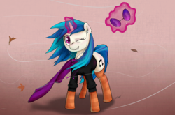 Size: 3180x2093 | Tagged: safe, artist:levliothon, dj pon-3, vinyl scratch, g4, autumn, clothes, earbuds, female, high res, levitation, magic, one eye closed, scarf, socks, solo, striped socks, sunglasses, sweater, telekinesis, wind, wink