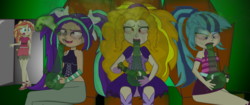 Size: 2560x1080 | Tagged: dead source, safe, artist:soniclegacy1, adagio dazzle, aria blaze, sonata dusk, sunset shimmer, g4, adagio dazzled, aria blazed, bloodshot eyes, bong, drug use, drugs, high, marijuana, sonata dusking, stonedata dusk, the dazzlings