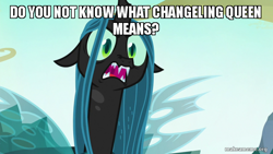 Size: 800x450 | Tagged: safe, edit, edited screencap, screencap, queen chrysalis, changeling, changeling queen, g4, to where and back again, adventure time, caption, fangs, female, former queen chrysalis, image macro, makeameme.org, male, meme, solo