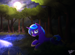 Size: 2500x1850 | Tagged: safe, artist:pedrohander, oc, oc only, oc:midnight quill, pony, unicorn, forest, moon, night, request, solo