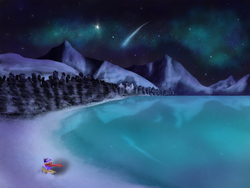 Size: 1000x750 | Tagged: safe, artist:slamjam, derpy hooves, pegasus, pony, g4, clothes, female, hat, lake, mare, mountain, mountain range, night, scarf, scenery, snow, winter outfit