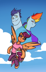 Size: 621x960 | Tagged: safe, rainbow dash, scootaloo, soarin', anthro, unguligrade anthro, g4, comic, cover, male, older, scootadoption, scootaloo can fly, ship:soarindash, shipping, straight, the dashies