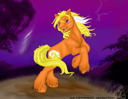 Size: 771x595 | Tagged: safe, artist:silvermoonbreeze, lightning (g1), earth pony, pony, g1, freckles, male, mountain boy ponies, night, open mouth, open smile, rearing, smiling, solo, stallion, turned head, unshorn fetlocks