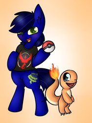 Size: 776x1030 | Tagged: safe, artist:ashee, oc, oc only, oc:bramble snap, charmander, earth pony, pony, bipedal, poké ball, pokémon