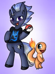 Size: 776x1030 | Tagged: safe, artist:ashee, oc, oc only, oc:darkshine, charmander, pony, unicorn, bipedal, poké ball, pokémon, unshorn fetlocks