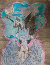 Size: 656x856 | Tagged: safe, artist:anxiouslilnerd, nightmare moon, princess luna, tantabus, g4, mare in the moon, moon, s1 luna, traditional art, watercolor painting