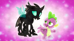 Size: 1600x900 | Tagged: safe, artist:sailortrekkie92, artist:uponia, spike, thorax, changeling, g4, the times they are a changeling, a changeling can change, best friends, fangs, singing, song, song reference, vector, wallpaper