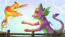 Size: 4000x2335 | Tagged: safe, artist:cuttledreams, peewee, spike, dragon, phoenix, g4, awesome in hindsight, beautiful, best friends, duo, fence, floating, heartwarming in hindsight, hilarious in hindsight, majestic, male, older, older spike, the bus came back, winged spike, wings